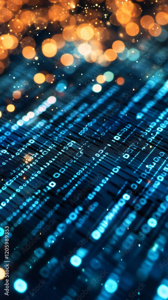 Poster Flowing blue binary code resembling digital rain on a dark backdrop, enhanced by bokeh and glittering particles, represents big data and technology