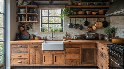 Fototapeta premium Rustic kitchen decor with wooden cabinets, hanging pots, and a farmhouse sink 