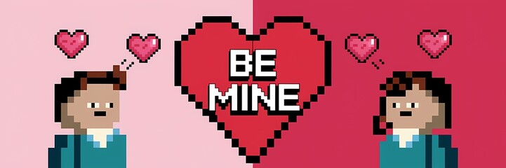 A creative minimalist Valentine's Day poster design with a pixel theme. The poster has a heart with the text "Be Mine" inside it. There are also pixelated images of a man and a woman with hearts  