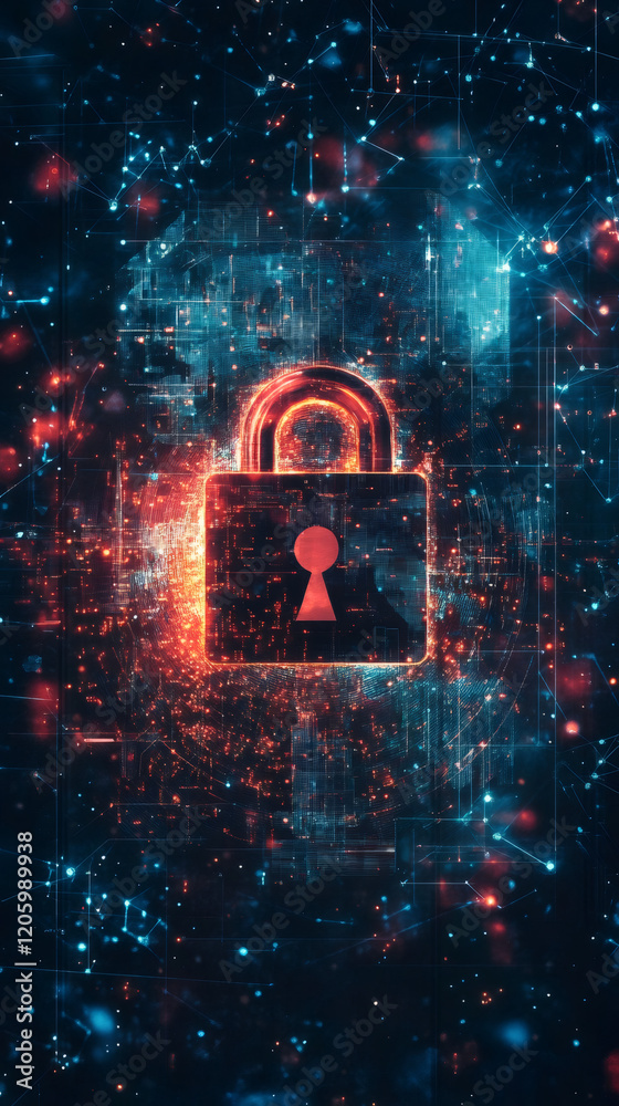 Fototapete glowing digital padlock illuminating dark network landscape, symbolizing data security and encrypted