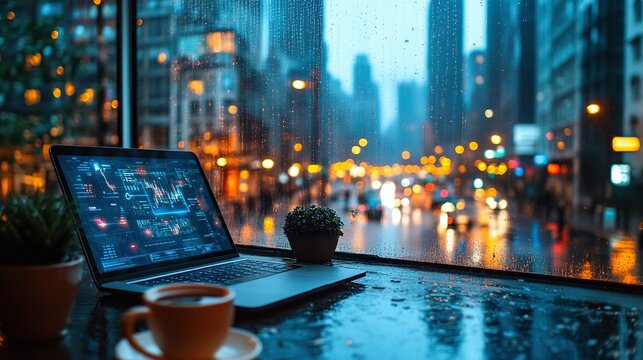 Laptop with finance charts by rainy city cafe window at night