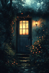 Enchanting Illuminated Doorway In A Mystical Forest Setting