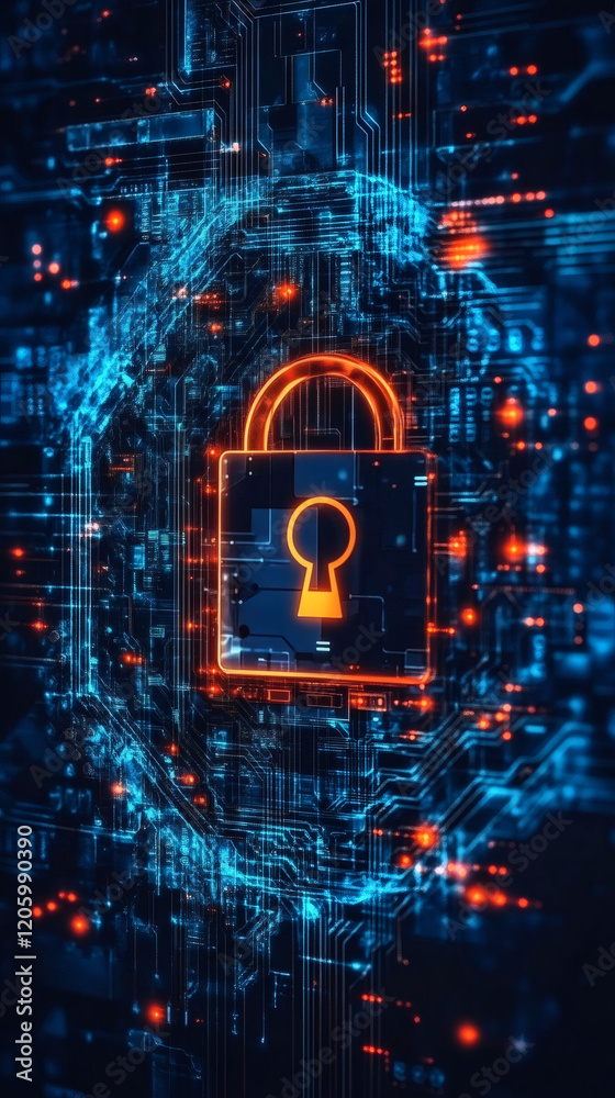 Aufkleber Orange glowing padlock symbolizes cybersecurity, protecting data in complex digital world represented by futuristic circuit board