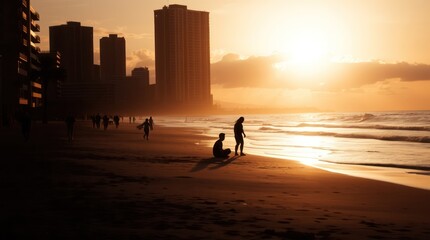 Fototapeta premium Sunset silhouettes of a couple walking hand-in-hand on the sandy beach as the sun dips below the horizon, casting a golden glow on the ocean waves