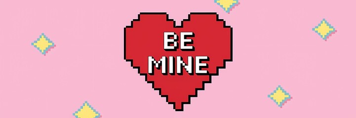 A creative minimalist Valentine's Day poster design with a pixel theme. There's a red heart with a white border. The text "Be Mine" is written in white, pixelated font. The background is a pastel pink