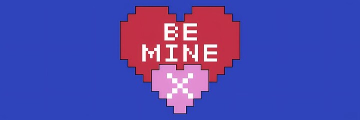 A creative minimalist Valentine's Day poster design with a pixel theme. The poster has a red heart with the text "Be Mine" written in white. There's a pink heart with a white "x" inside it.
