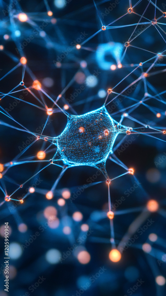 Fototapete Glowing neuron transmitting digital signals across interconnected neural network, representing advanced AI technology