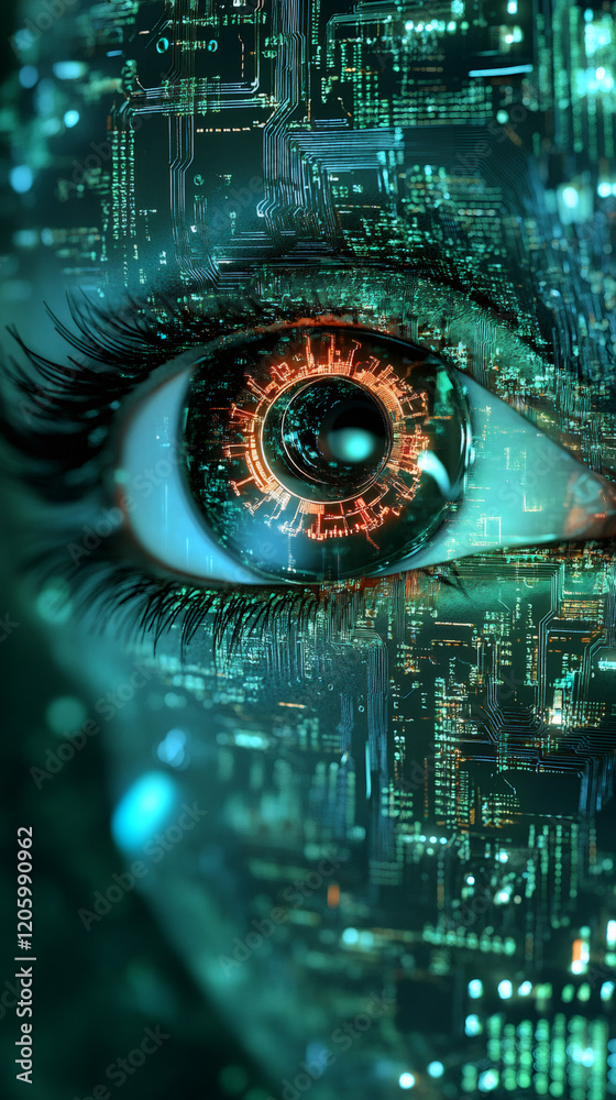 Poster electronic eye with integrated circuit, symbolizing the integration between humans and technology