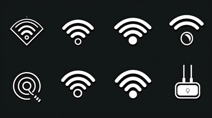 A collection of Wi-Fi signal icons illustrating various connectivity statuses and features.