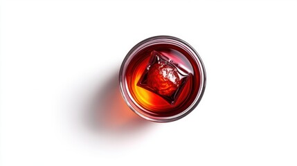 Crystal Clear Glass of Red Beverage with Ice Cube Top View