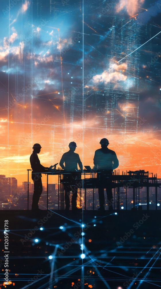 Poster construction engineers working on laptops near scaffolding, digital blueprint overlay highlighting t