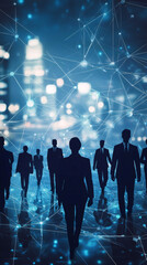 Business silhouettes navigating high-tech urban landscape, glowing network lines connecting professionals against sleek architectural backdrop