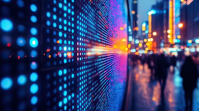 LED display screen at night, city street scene with blurred pedestrians