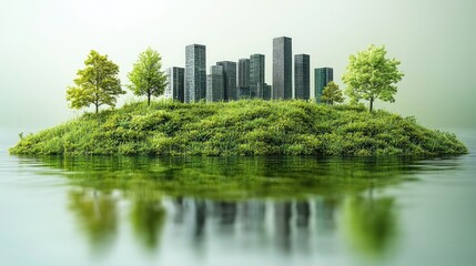 Fototapeta premium A green island with modern skyscrapers surrounded by water, symbolizing sustainable urban living.