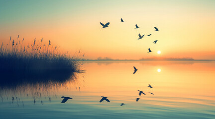Obraz premium Tranquil Sunrise Over Water with Birds Reflecting Nature's Harmony