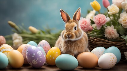 Easter bunny with colorful eggs basket