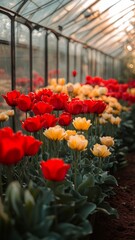 Sunlit greenhouse with red and yellow tulips along a dirt path, highlighting floral cultivation and spring celebrations

