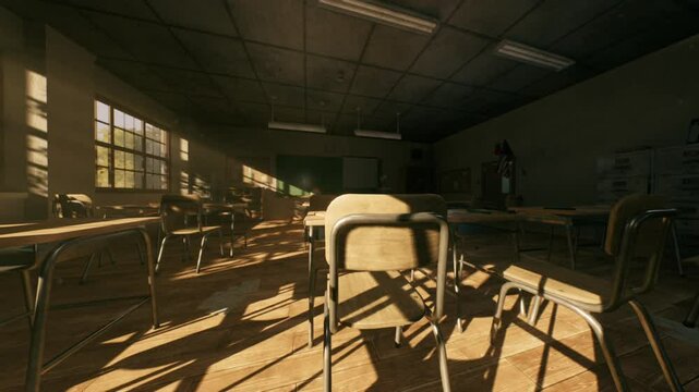 An old school classroom sits in silence, with empty desks arranged in disarray. Sunlight pours through dusty windows, casting long shadows across the worn wooden floors, evoking memories of learning.