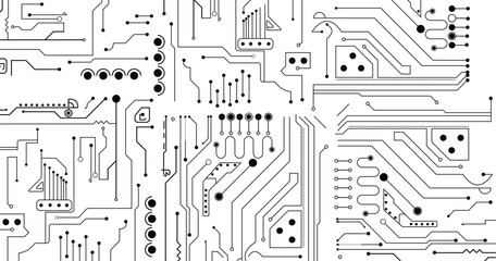 Black and white vector circuit board seamless background.