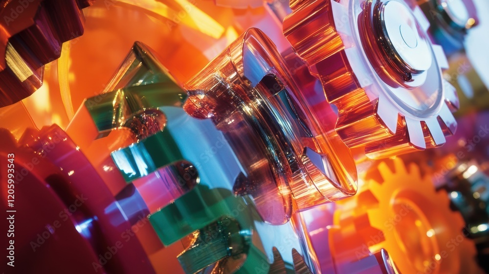 Poster interlocking colorful gears are rotating smoothly, showcasing the intricate workings of a complex me