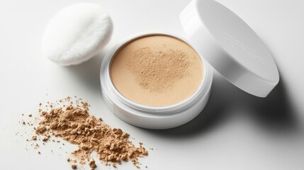 White container filled with powder on a clean surface with additional powder next to it