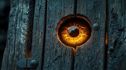 A glowing amber eye peers through the keyhole.