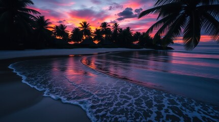 Sunset paints the sky with vibrant hues of orange and red as the sun dips below the horizon, casting a golden reflection on the calm ocean water