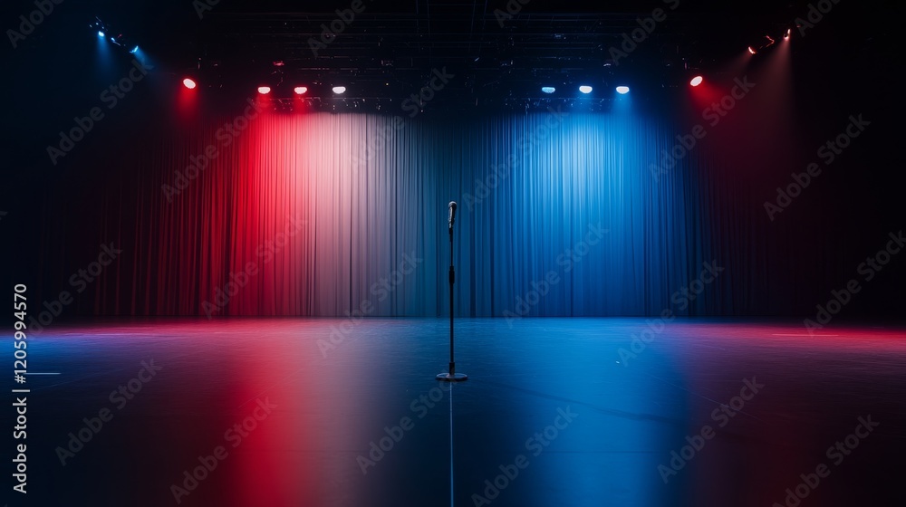 Poster empty theatre stage illuminated by red and blue spotlights, with curtains parted and a microphone st