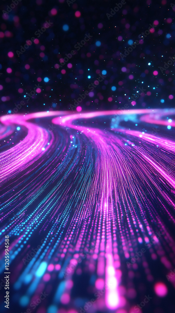 Poster glowing particles swirling and flowing in digital space create a mesmerizing light effect for techno