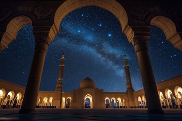 Tranquil night sky illuminates a serene mosque courtyard during Tarawih prayers in Ramadan