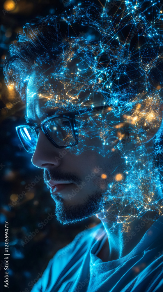 Fototapete side view portrait of a software engineer analyzing global network data visualization, futuristic te