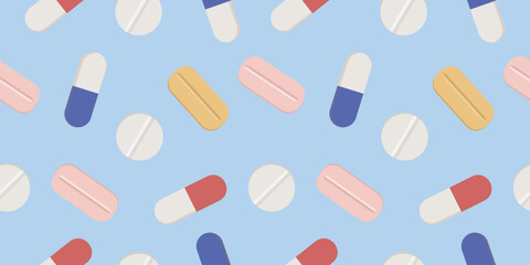 Seamless background with pills and capsules. Medical seamless pattern. Prescription drugs patterned design for print, card, brochure, wallpaper, web banner.
