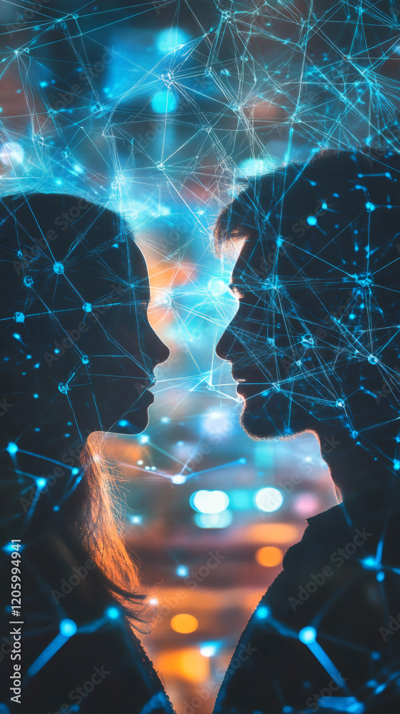 Poster shadowy human figures interconnected by glowing digital network lines, symbolizing virtual romantic 