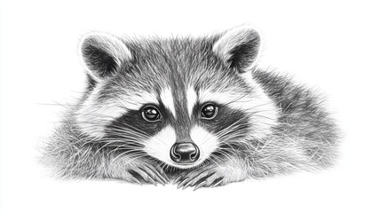 Fototapeta premium Intricate Pencil Drawing of a Relaxed Raccoon Portrait Close-Up