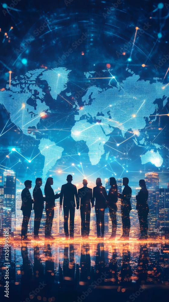 Aufkleber diverse businesspeople discussing strategy near world map, highlighting interconnected global networ