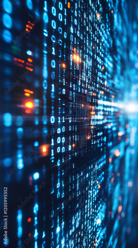Aufkleber Blue binary code flowing on dark digital background creating big data flow with few orange and red highlights