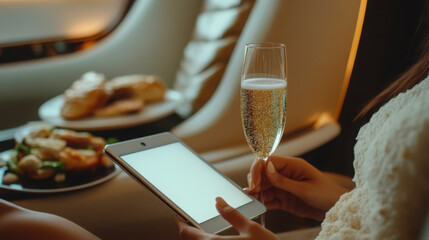 Relaxing air travel experience with champagne and digital entertainment