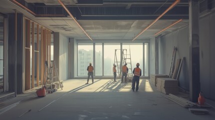 Construction workers proceed with interior work in a sun-lit building under renovation