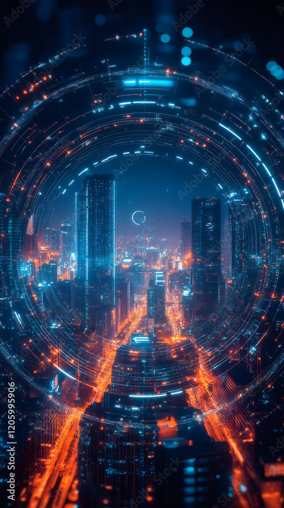 Fototapete digital lines creating a circular network are connecting buildings of a smart city at night, seen fr