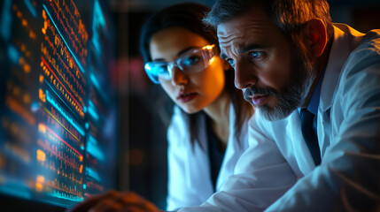 Scientists analyze complex data in a high-tech laboratory during a late-night research session