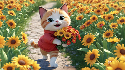 An adorable and charming kitten joyfully explores a beautiful flowerfilled field