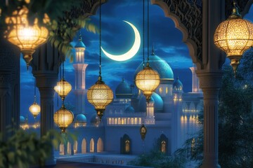 Tranquil Ramadan night featuring crescent moon, ornate mosques, and glowing lanterns creating a peaceful festive atmosphere
