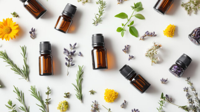 Aromatherapy essentials: close-up of essential oil bottles with fresh herbs and flowers