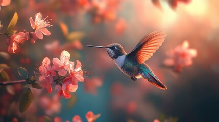 Fototapeta premium Hummingbird hovering near flowers.