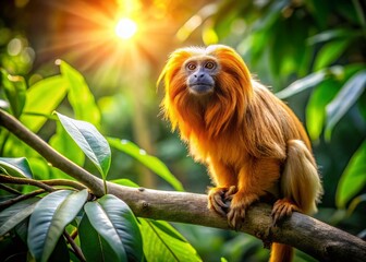Fototapeta premium Golden Lion Tamarind in Captivity: A Portrait of Endangered Primate in Sanctuary Habitat