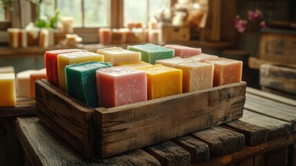 Colorful soaps in a wooden crate.