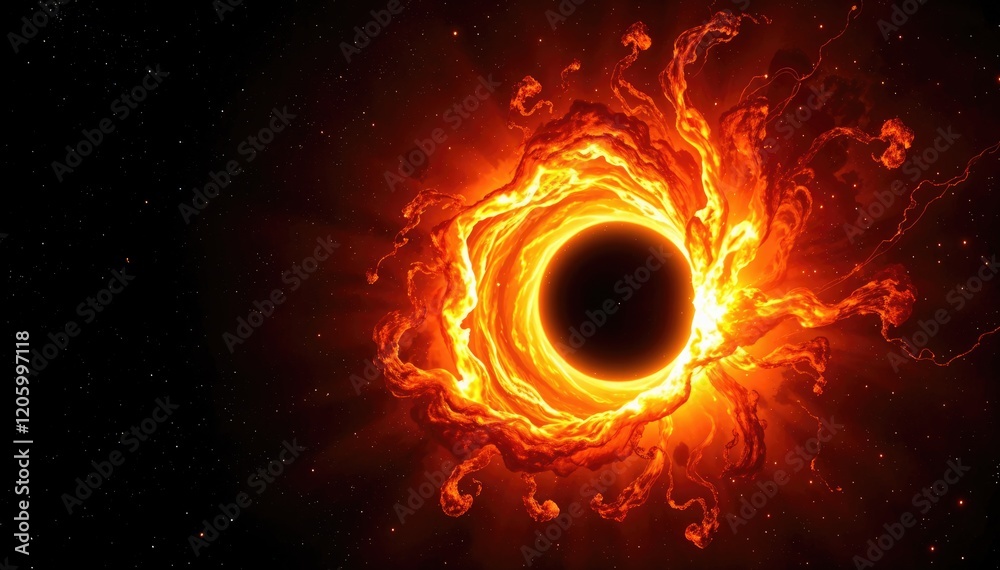 Poster fiery cosmic event swirling nebula surrounding black hole in deep space