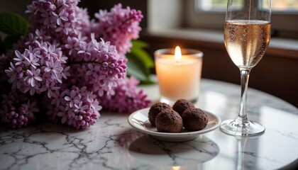 Lilac branch and champagne with chocolate dessert on a marble table with aromatic candle
