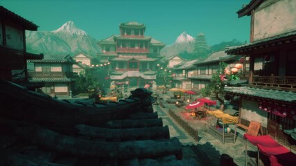 Visitors explore a lively marketplace in Japan, filled with colorful stalls and decorations. Majestic mountains rise in the background, adding to the picturesque setting.