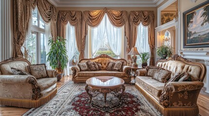 Victorian-style sitting room with ornate furniture, heavy drapes, and vintage decor